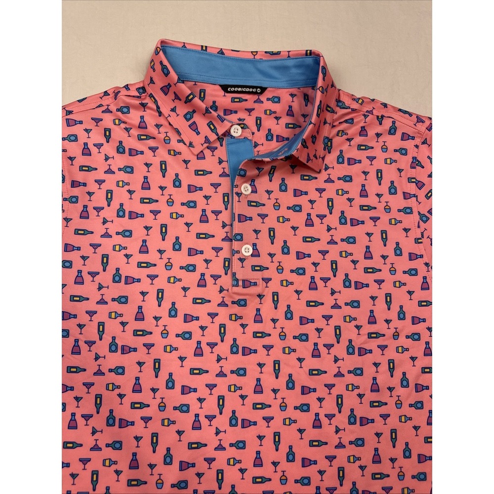 Coobigdog‎ Polo Shirt Mens MED PINK Cocktail Drink Print Short Sleeve Golf Party